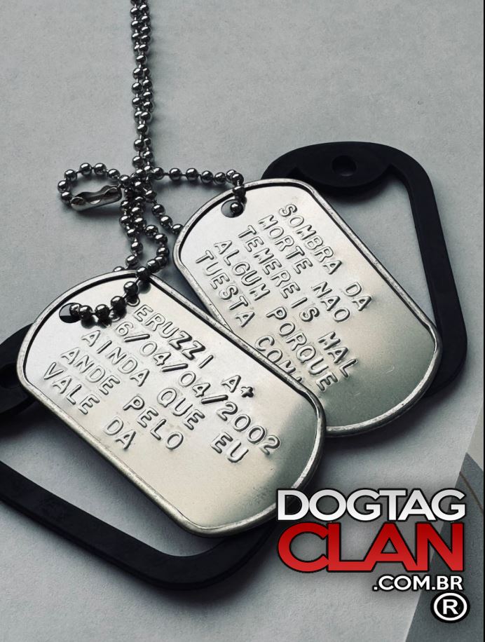 Dog tag personalizada em aço inox com opções de gravação em alto relevo, ponta de diamante e imagem, com diferentes correntes e estilos masculino e feminino