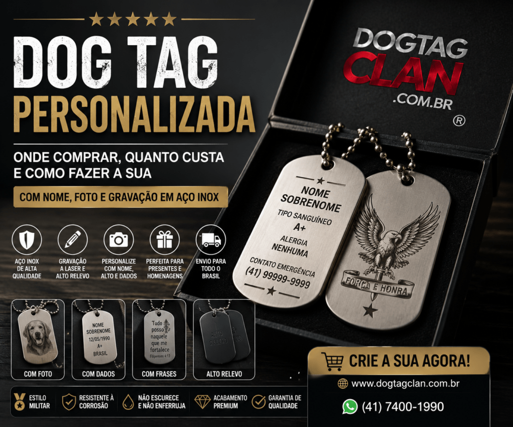 dog tag personalizada em aço inox com gravação de nome e dados militares DogTagClan