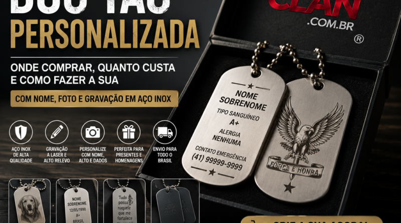 dog tag personalizada em aço inox com gravação de nome e dados militares DogTagClan