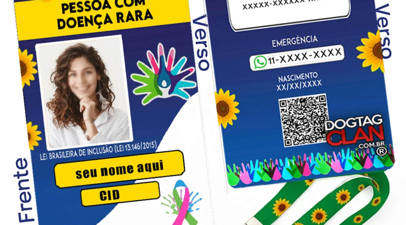 Crachá personalizado para autismo e doenças raras com QR Code, CID, foto e contato de emergência, utilizado com cordão girassol para identificação de condições invisíveis
