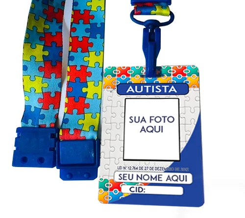 Kit identificação especial para autismo e doenças raras com crachá personalizado, QR Code, CID, foto e contato de emergência, utilizado com cordão girassol para condições invisíveis