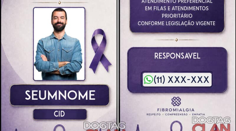 Crachá de fibromialgia masculino personalizado com QR Code em PVC padrão cartão bancário, identificação discreta e resistente para uso diário