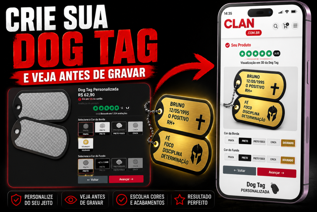 Criador de dog tag personalizada com simulação em tempo real mostrando modelo ponta de diamante e visualização antes da gravação