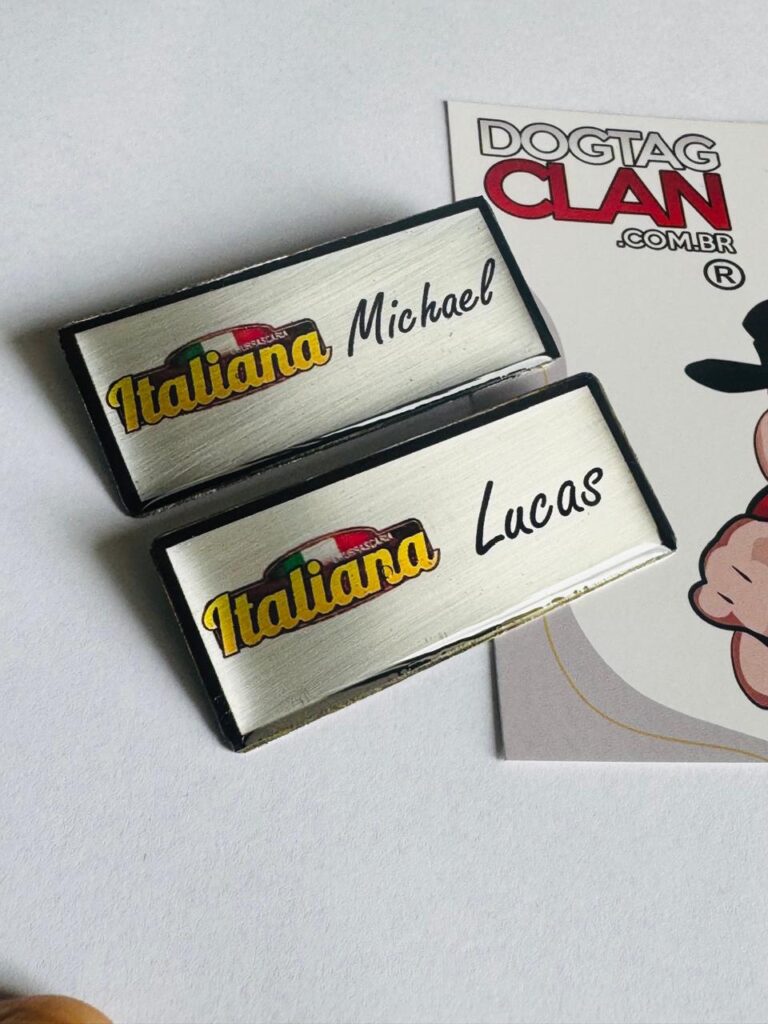 crachá broche em aço inox personalizado com imã ou alfinete com nome e logo profissional