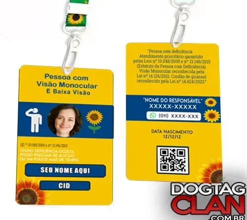 crachá baixa visão personalizado em pvc com foto dados e qr code identificação deficiência visual