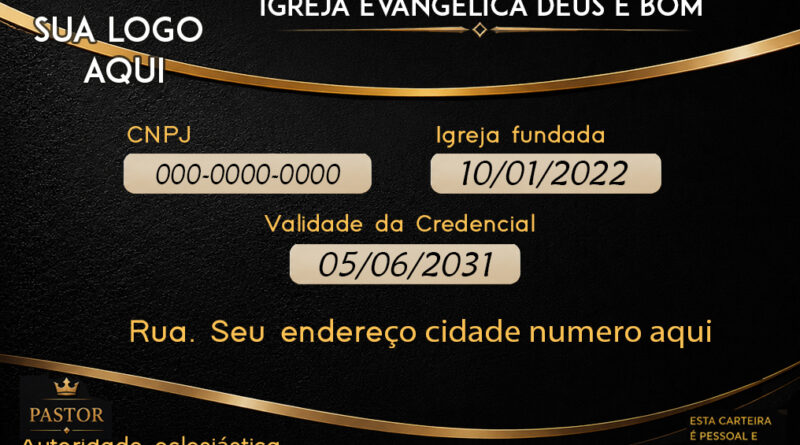 Carteirinha de pastor presidente em PVC personalizada com foto, cargo, assinatura e identificação ministerial profissional
