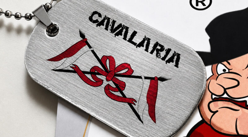 Dog tag cavalaria personalizada em aço inox com símbolo militar gravado e corrente de bolinha