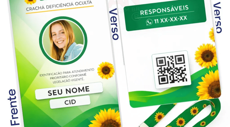 Crachá girassol personalizado em PVC com QR Code e dados de identificação para deficiências ocultas