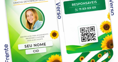 Crachá girassol com QR Code personalizado em PVC com dados médicos, foto e contato de emergência para identificação de deficiências ocultas