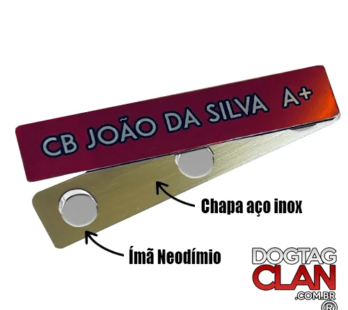 tarjeta militar em aço inox com imã tamanho padrão 8x1,5 cm personalizada com nome gravado para uniforme profissional