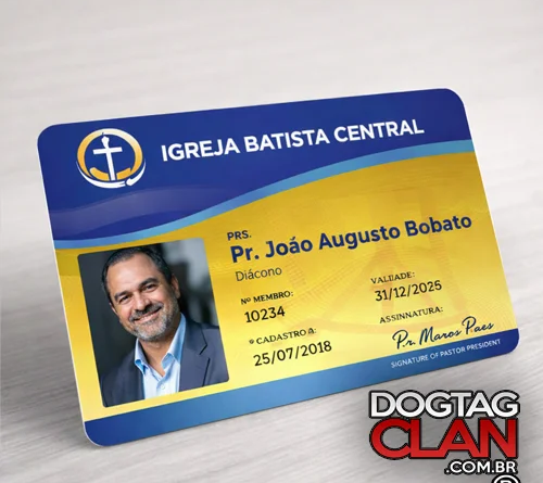 carteirinha de pastor personalizada pvc com foto nome igreja e identificação ministerial