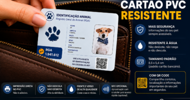 Carteirinha de identidade animal em PVC com QR Code sendo inserida na carteira, modelo RGA impresso em cartão resistente padrão bancário