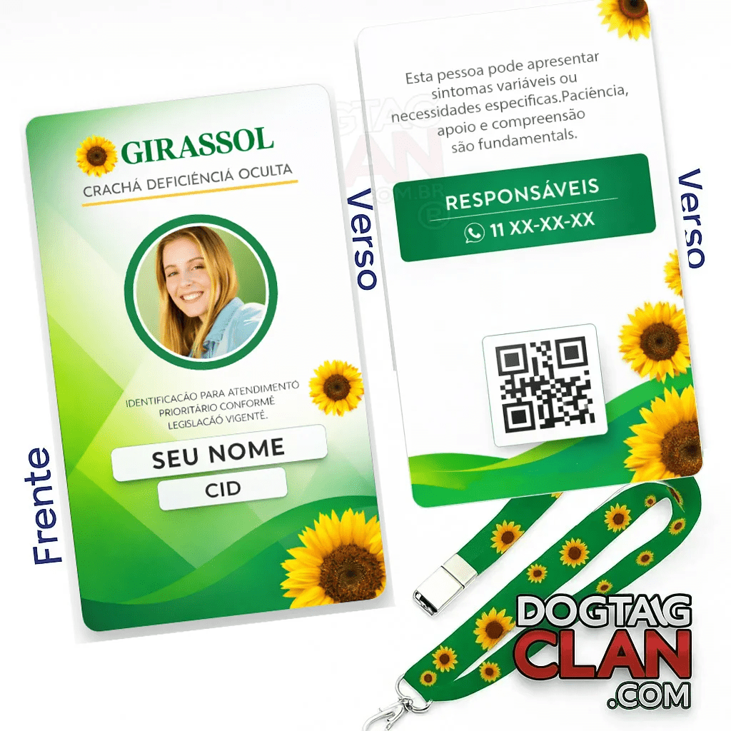 Crachá girassol personalizado em PVC com QR Code para identificação de deficiências ocultas, modelo profissional resistente padrão cartão bancário