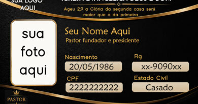 Carteirinha de pastor em PVC preta personalizada com foto, cargo ministerial, assinatura e identificação eclesiástica profissional