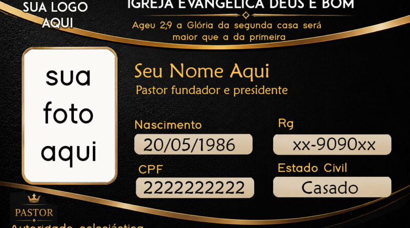 Carteirinha de pastor em PVC preta personalizada com foto, cargo ministerial, assinatura e identificação eclesiástica profissional