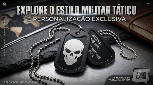 Dog tag militar black em aço inox personalizada com gravação em relevo de caveira e dados pessoais