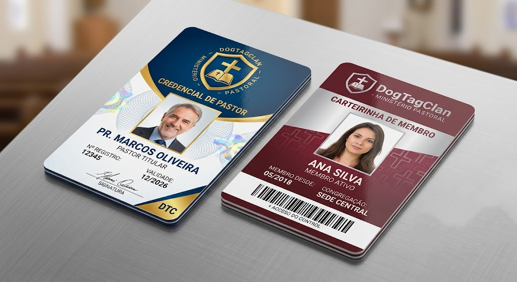 Credencial de pastor e carteirinha de membro em PVC 0,76mm personalizada pela DogTagClan.