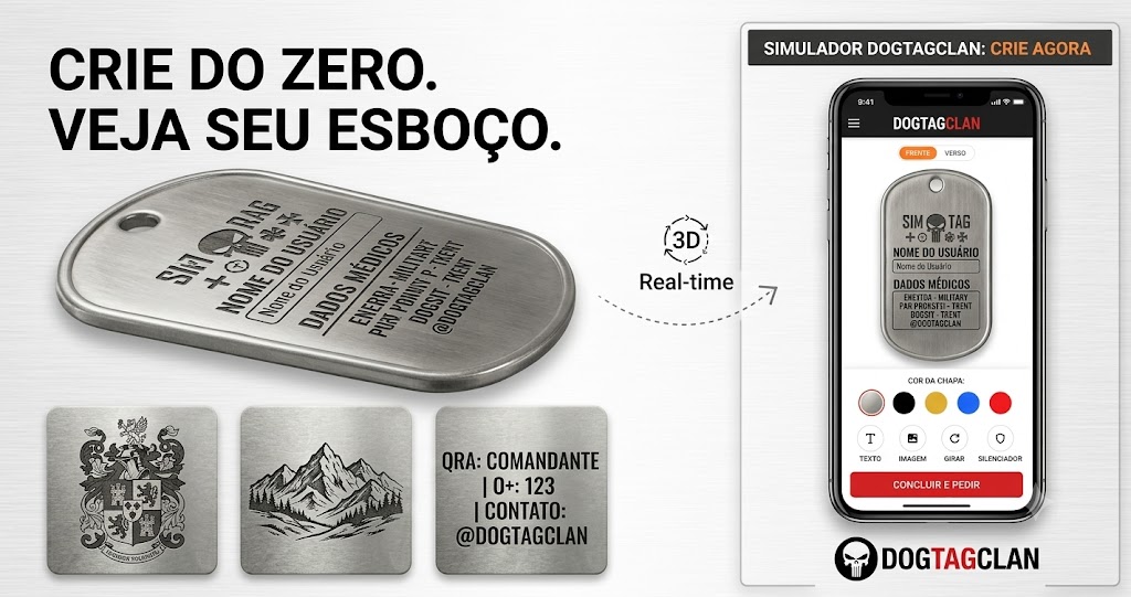 Simulador online da DogTagClan mostrando uma tela de celular criando uma dog tag personalizada do zero em tempo real ao lado de uma placa de aço inox física com gravação permanente.
