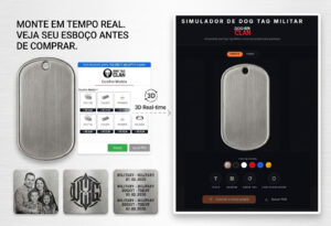 Interface do simulador de dog tag personalizada em tempo real mostrando uma chapa de aço inox com gravação militar.