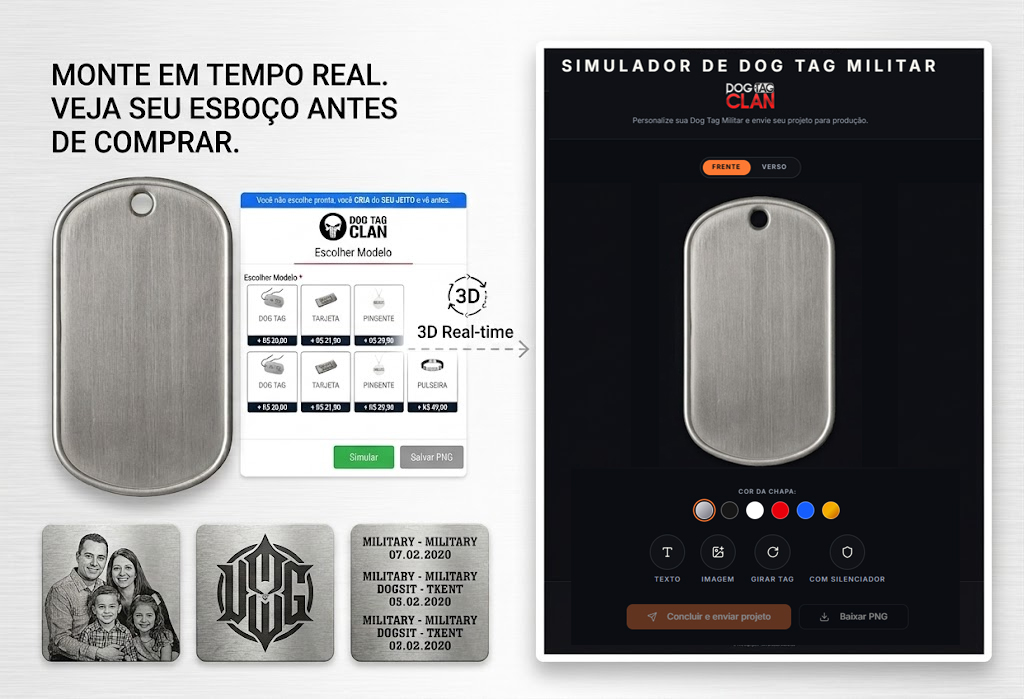 Interface do simulador de dog tag personalizada em tempo real mostrando uma chapa de aço inox com gravação militar.