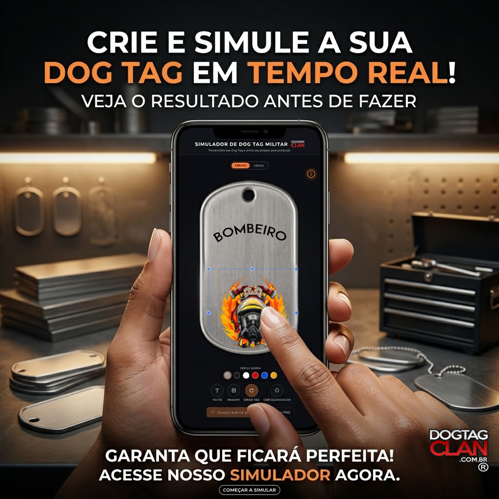 Simulador de dog tag personalizada online aberto em um smartphone, mostrando a ferramenta de criação interativa para configurar os dados, silenciadores e correntes em tempo real.