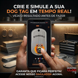Interface do simulador online mostrando como criar uma dog tag personalizada de aço inox cirúrgico do zero, exibindo a prévia da gravação antes de comprar.