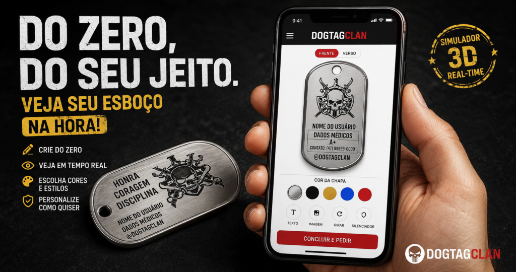 Interface de um simulador de dog tag personalizado na tela de um celular, mostrando a prévia de uma placa militar de aço inox com dados gravados e opções de edição em tempo real.