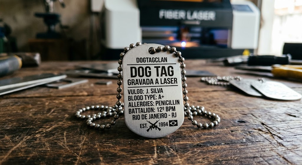 Dog tag em aço inox personalizada com gravação a laser de alta definição DogTagClan