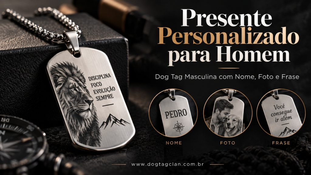 Dog Tag masculina personalizada em aço inox com nome, foto e frase, opção de presente personalizado para homem.