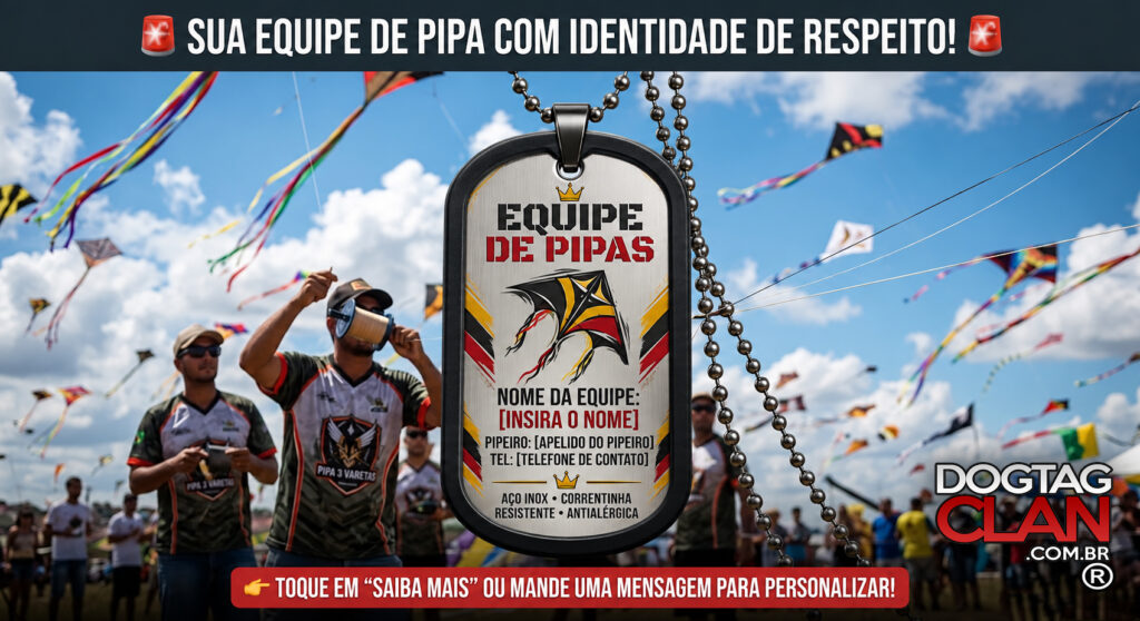 Dog Tag colorida personalizada para equipe de pipa em aço inox, com silenciador, corrente de bolinhas e arte exclusiva da equipe.