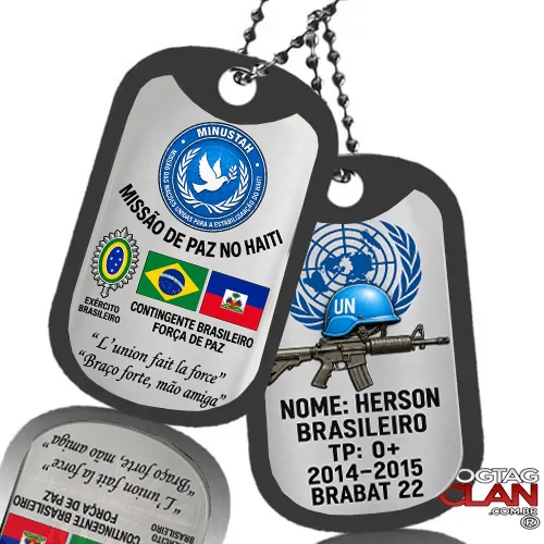 Dog Tag Missão de Paz no Haiti MINUSTAH personalizada em aço inox