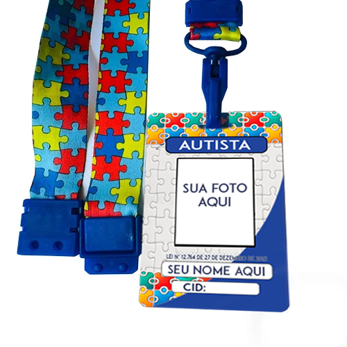 Crachá Autismo Personalizado com Nome, QR Code e Cordão de Segurança
