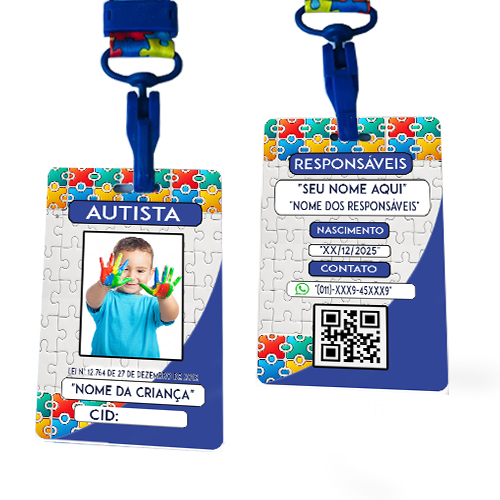 Crachá Autismo Personalizado com Nome, QR Code e Cordão de Segurança-1