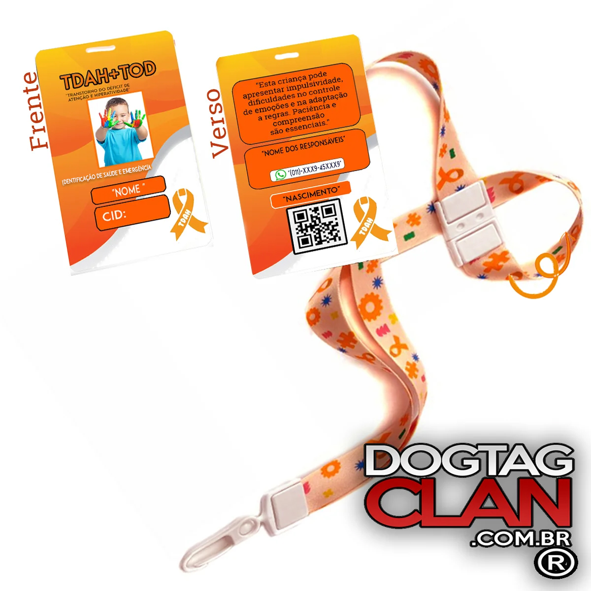 Crachá Tdah + Tod Cordão Antissufocante Dados Gravado