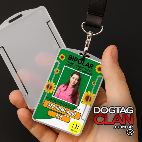 Crachá Transtorno Bipolar Personalizado com Cordão de Girassol – Nome CID e QR Code