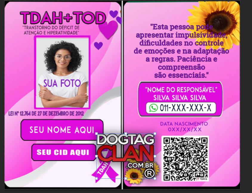 Crachá TDAH e TOD Rosa Personalizado com QR Code + Cordão-1