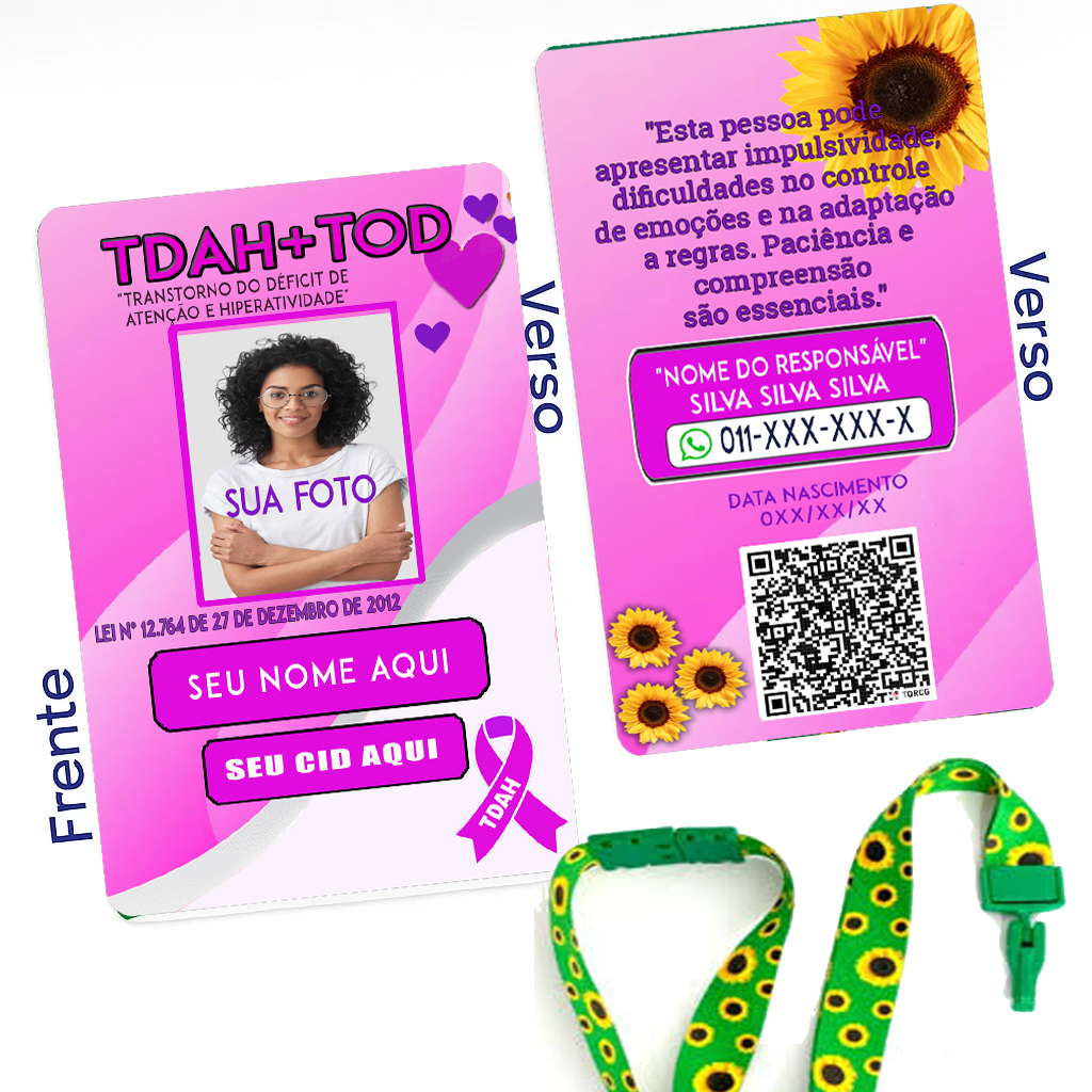 Crachá TDAH e TOD Rosa Personalizado com QR Code + Cordão