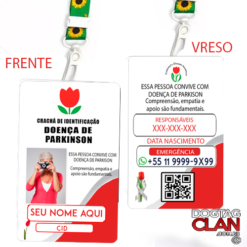 Crachá Doença de Parkinson – Cordão Tulipa Vermelha com QR Code