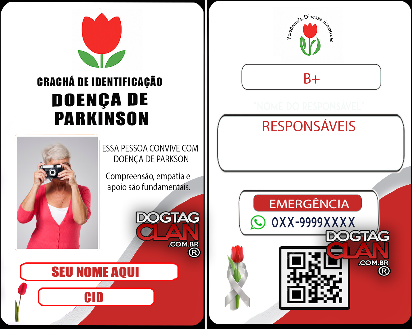 Crachá Doença de Parkinson – Cordão Tulipa Vermelha com QR Code