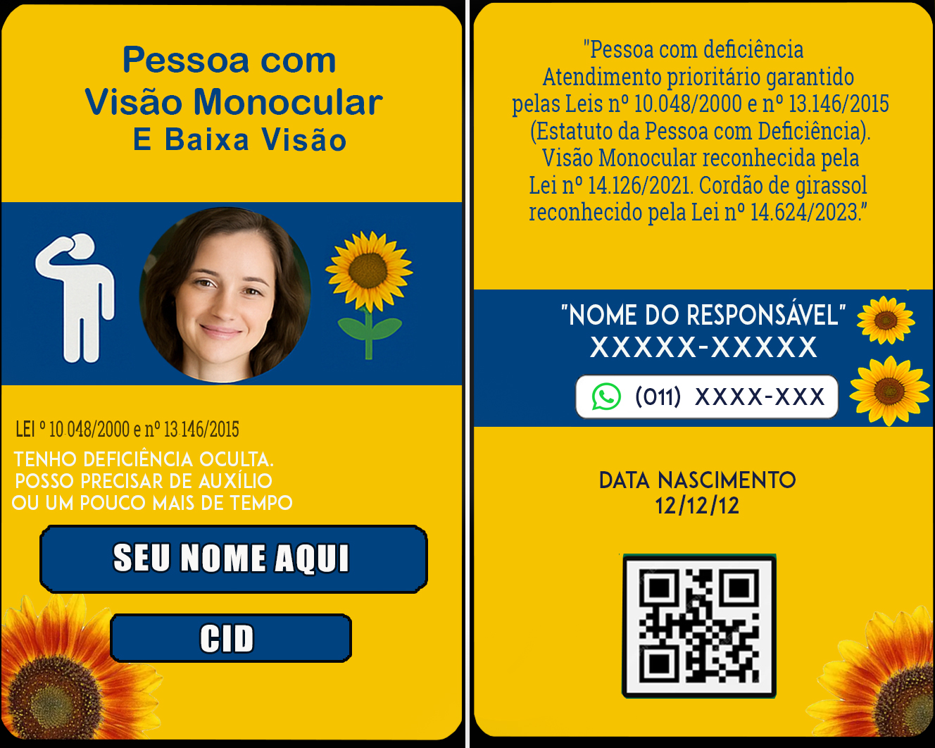 Crachá Baixa Visão e Visão Monocular com Cordão Girassol QR Colde-1