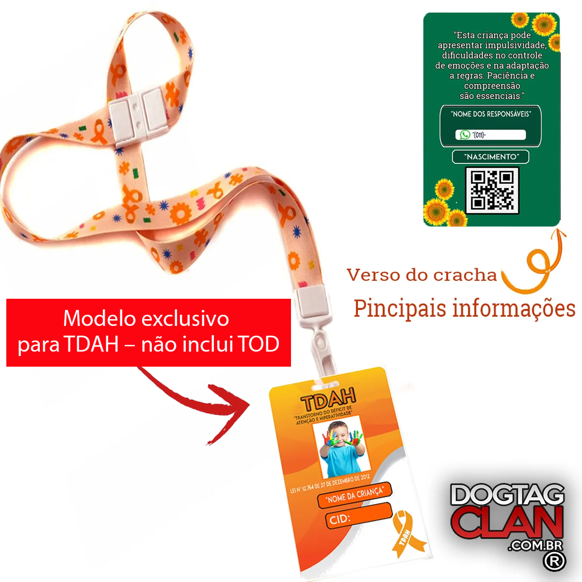 Crachá TDAH Personalizado – Identificação com Nome Foto Cordão e QR Code