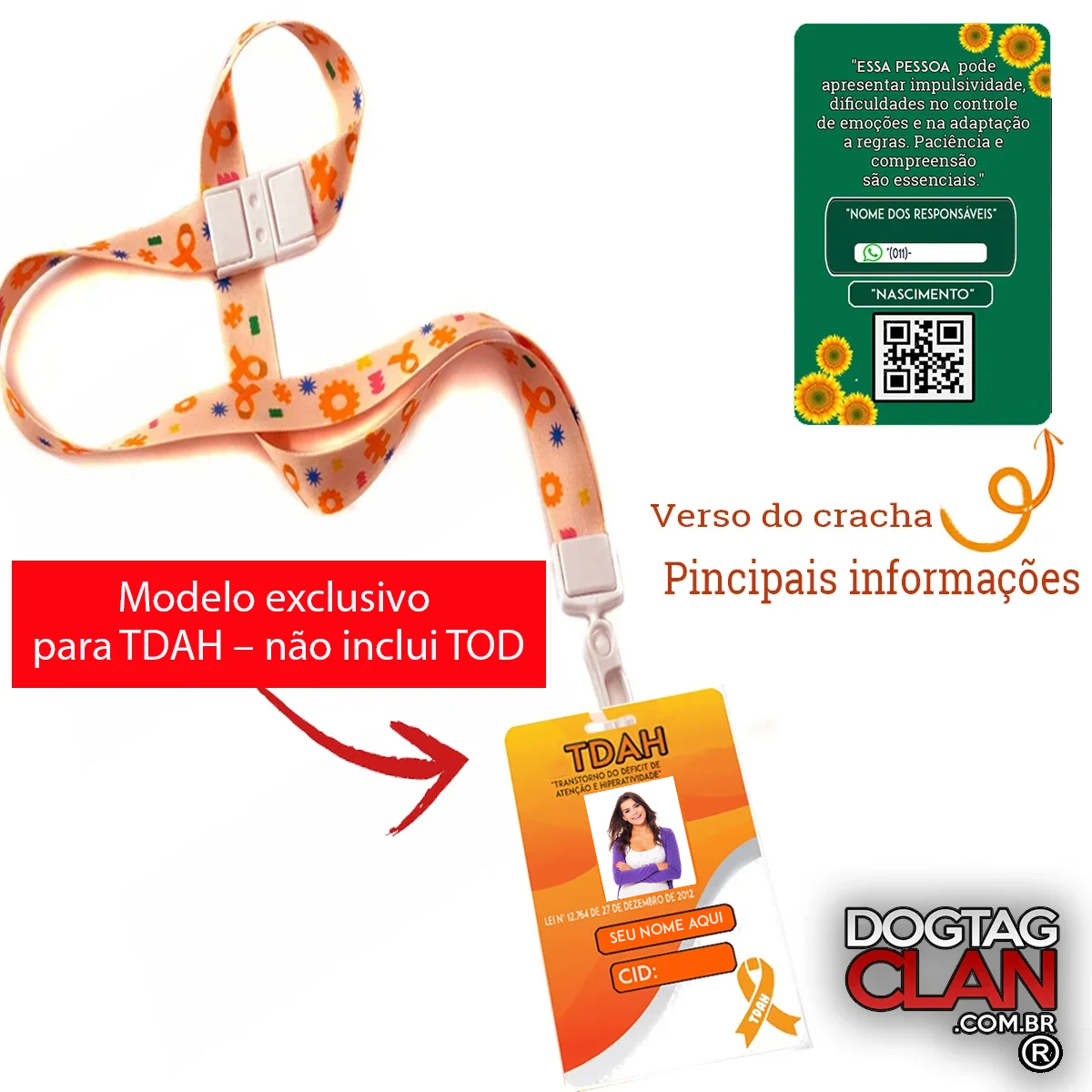 Crachá TDAH Personalizado – Identificação com Nome Foto Cordão e QR Code-2
