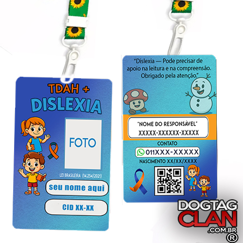 Crachá Escolar TDAH + Dislexia com QR Code – Identificação Infantil