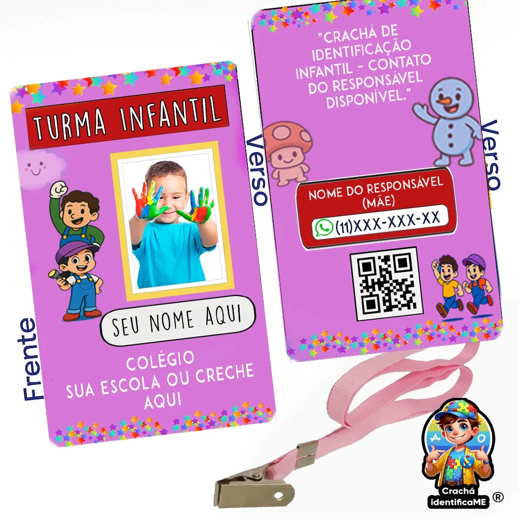 Crachá Infantil Escolar personalizado, com nome, foto da criança e QR Code opcional-1