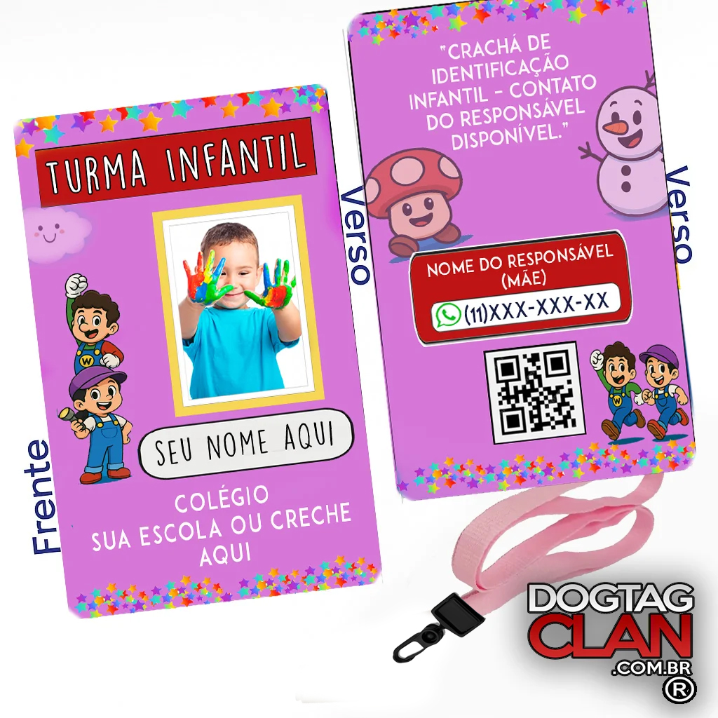 Crachá Infantil Escolar personalizado, com nome, foto da criança e QR Code opcional