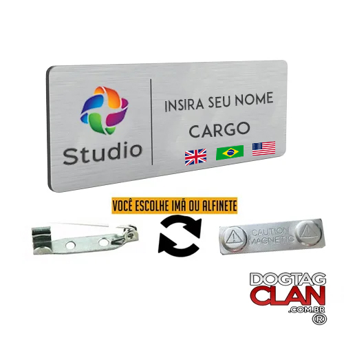 Crachá Executivo em Aço Inox com Logo e Bandeiras de Idiomas – Personalizado com Nome e Cargo