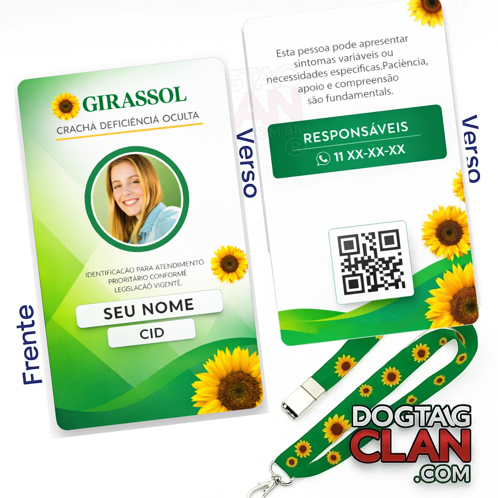 Crachá Girassol com QR Code e Cordão com Trava Anti Sufocamento – Personalizado