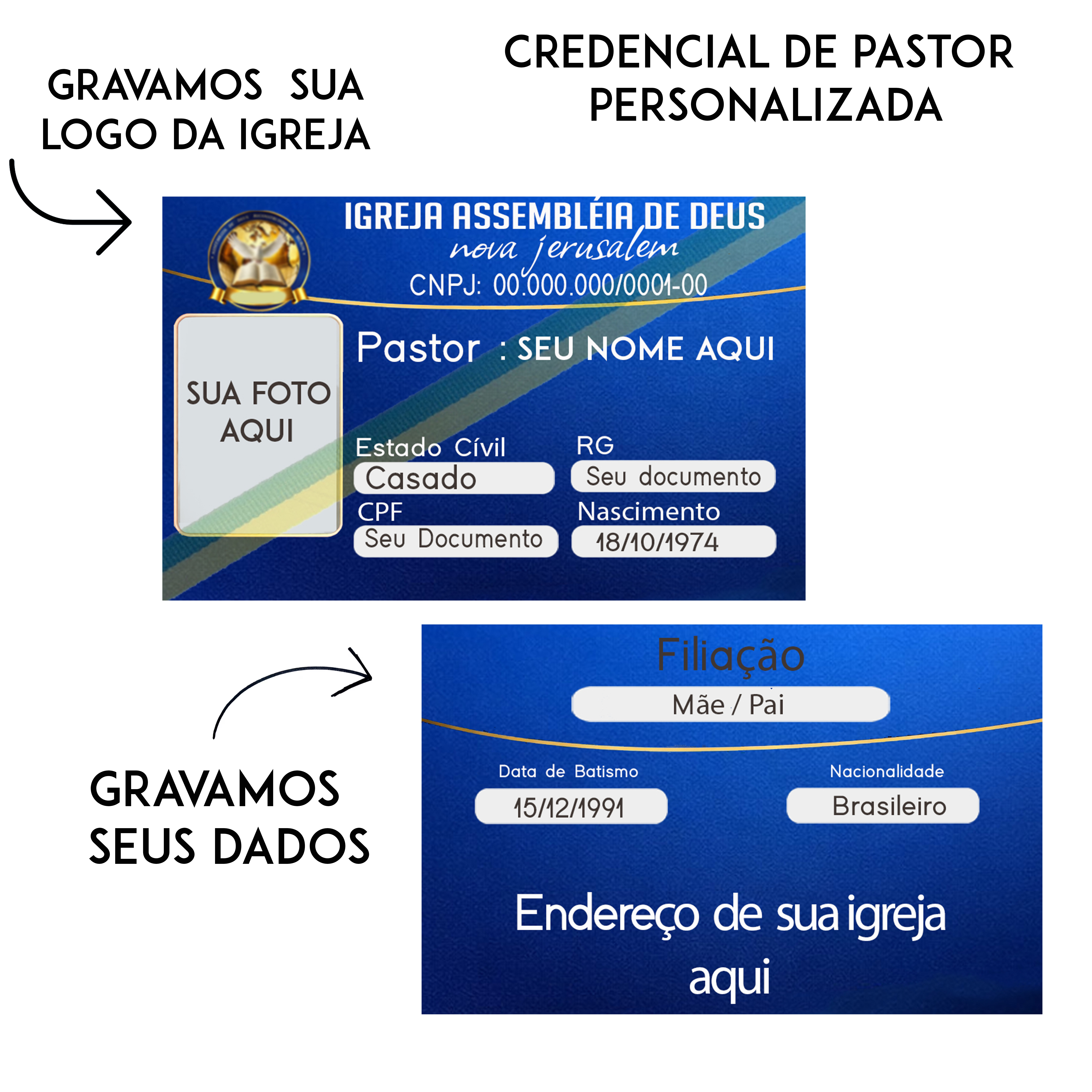 Credencial de Pastor e Carteirinha de Membro em PVC 0,76mm Personalizada