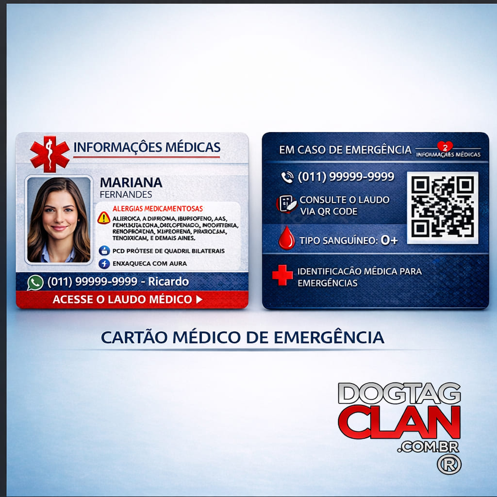 Cartão de Informações Médicas de Emergência para Carteira – Nome, Condições e Contato