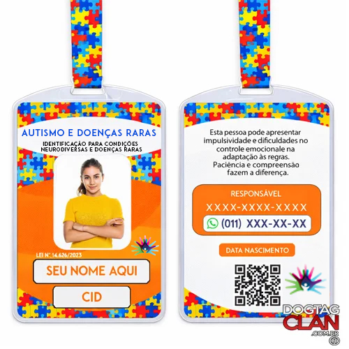 Kit Identificação Especial para Autismo e Doenças Raras com QR Code CID e Crachá Personalizado